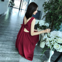 2018夏装新款V领后蝴蝶结收腰不规则A字连衣裙