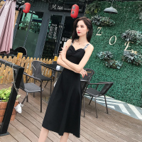 2018夏装新款吊带收腰A字中长款纯色连衣裙