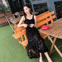 2018夏装新款吊带收腰中长款流苏A字连衣裙