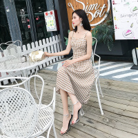 2018夏装新款系带收腰中长款吊带格子A字裙