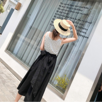 2018新款冷淡风条纹拼接心机漏肩吊带裙长裙