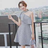 夏装 露肩格子连衣裙