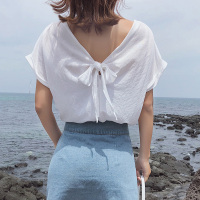2018夏季韩范圆领后背V领蝴蝶结短袖T恤上衣女潮