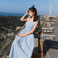 2018夏新品小清新显瘦背心裙格子带连衣裙