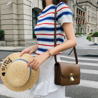 2018韩版修身显瘦圆领撞色条纹针织衫短袖上衣夏