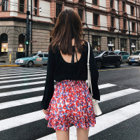2018初秋新款女装露背系带T恤碎花半身短裙两件套