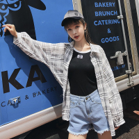 2018初秋新款防晒衫韩版宽松bf风灯笼袖格子衬衣