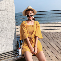 2018夏新款收腰带上衣阔腿短裤外搭开衫三件套