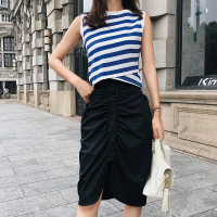 2018夏装新款条纹无袖背心开叉不规则半身裙套装