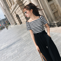 2018夏季显瘦一字领T恤宽松高腰带阔腿裤两件套