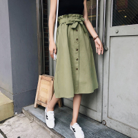 2018夏季新款系带排扣中长款花苞裙松紧腰半身裙