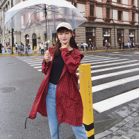 2018初秋新款韩国宽松百搭格子连帽衬衫开衫