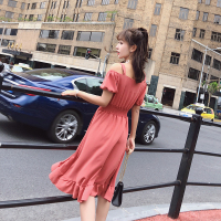 2018夏装新品韩版一字领松紧腰带连衣裙女