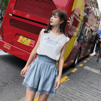 韩版时尚休闲套装字母无袖T恤高腰阔腿短裤两件套