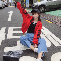 2018新款韩版春秋装外套刺绣红色夹克棒球服女