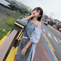 2018夏新款单排扣露肩条纹拼接收腰一字肩连衣裙