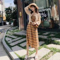 2018初秋复古格子带长裙轻薄防晒衫外搭套装女