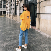 2018初秋韩版百搭露背宽松衬衫纯色长袖防晒衣