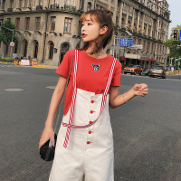 2018夏装新款韩版圆领T恤+牛仔撞色背带裤两件套