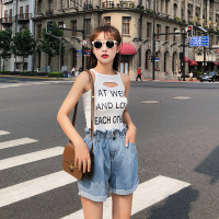 2018夏季韩版挂脖印花字母背心破洞修身打底衫潮