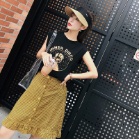 韩版时尚夏季印花无袖T恤高腰格子半身裙两件套