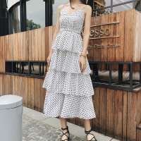 2018夏季新款V领波点蛋糕裙修身收腰带连衣裙女