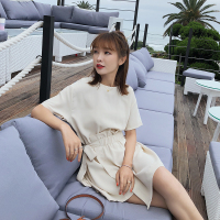 新款韩国ulzzang女收腰绑带ins短袖开叉连衣裙女