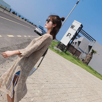 秋装新款七分袖中长款侧开叉勾花镂空喇叭袖针织衫