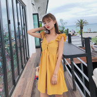 荷叶边肩带高腰娃娃连衣裙