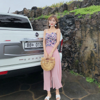 夏季百搭碎花短款抹胸+纯色宽松压褶九分阔腿裤套装