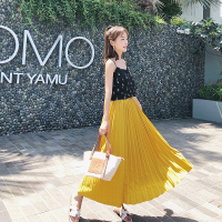 印花雪纺带背心+纯色大摆百褶雪纺中长款半身裙套装