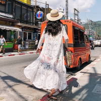 度假风复古水溶蕾丝网纱刺绣透视长款防晒衣蕾丝衫开衫