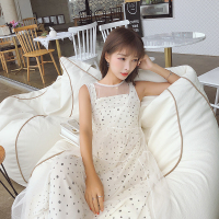 波点一字肩小清新港风仙女带连衣裙无袖网纱两件套