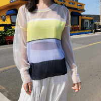 chic套头上衣薄款港味宽松条纹撞色防晒针织圆领罩衫