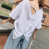 小心机后背交叉系带镂空蝴蝶结交叉纽结T恤