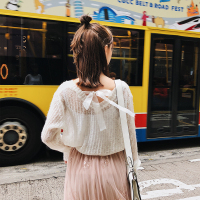 马海毛镂空慵懒针织女复古V领织带后绑带套头薄毛衣