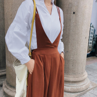 女套装2018秋装新款韩版衬衣显瘦背带裤两件套