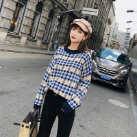 2018秋冬新款英伦风宽松慵懒撞色格纹针织毛衣女