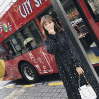 2018秋季新款蝴蝶结收腰中长款碎花连衣裙女