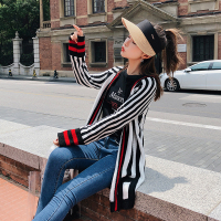 2018秋冬新款竖条纹中长款针织开衫毛衣外套