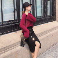 2018秋冬新款韩版高腰修身包臀排扣针织半身裙女