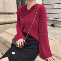 2018秋装新款韩版宽松慵懒仿马海毛V领针织衫女
