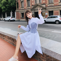衬衫连衣裙2018秋季新款拼接不规则条纹收腰裙子