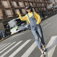 牛仔背带裤女秋2018新款韩版宽松破洞休闲九分裤