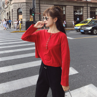 2018秋季新款韩版女装宽松休闲排扣长袖T恤打底衫