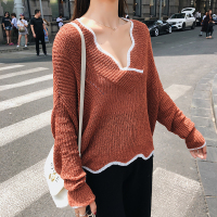2018秋季新款宽松显瘦V领喇叭袖套头打底针织衫女