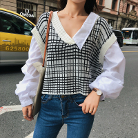 针织拼接假两件衬衫2018秋季新款小清新V领上衣女