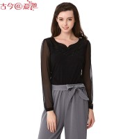 薄款家居服女小桃心领大蝴蝶刺绣领口纱袖家居打底衫女夏3HT198