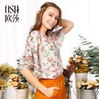 OSA欧莎2017夏装新款女装喇叭袖清新印花雪纺衫女