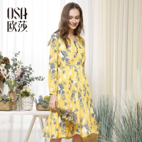 OSA欧莎2017春季新款女装中长款长袖收腰文艺连衣裙